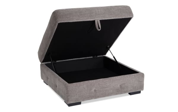 Playground Gray Storage Ottoman with hand-tufted gray polyester fabric, memory foam seating, and lift-top storage compartment.