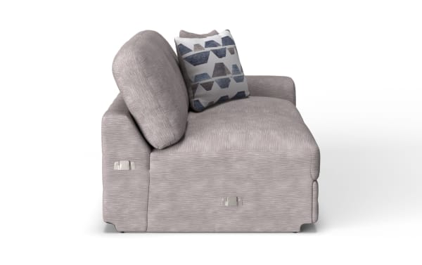 Modern gray fabric loveseat sofa with textured upholstery, plush cushions, and a decorative geometric-patterned throw pillow, side view.