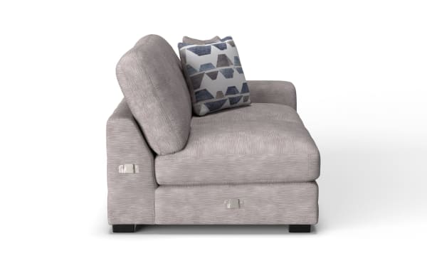 Gray fabric loveseat sofa with textured upholstery, black wooden legs, two cushions including one patterned throw pillow, side and front metal handles for reclining or adjustment.
