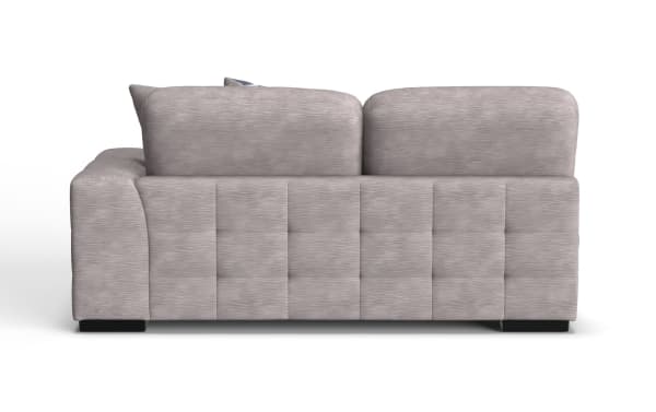 Modern light gray fabric sofa with tufted back panel, plush cushions, and black block feet, ideal for contemporary living rooms.
