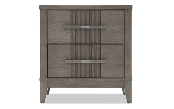 Laguna Dark Brown 2 Drawer Nightstand in gray pine solids and veneers, transitional style with vertical groove detailing and sleek handles.