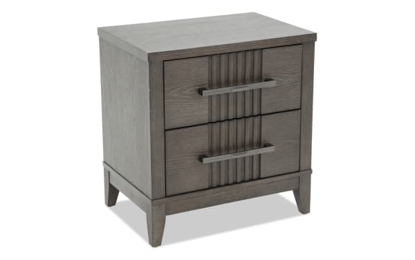 Laguna Dark Brown 2 Drawer Nightstand in gray pine solids and veneers with transitional style, featuring vertical panel accents and metal handles.