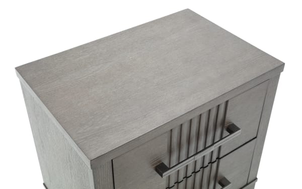 Gray Laguna Dark Brown 2 Drawer Nightstand in transitional style, made of pine solids and veneers, featuring sleek metal handles and vertical groove detailing.
