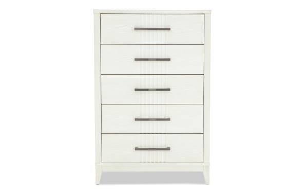 Laguna White 5 Drawer Chest in gray pine solids and veneers with polyester fabric, featuring dovetail joints and felt-lined top drawer.