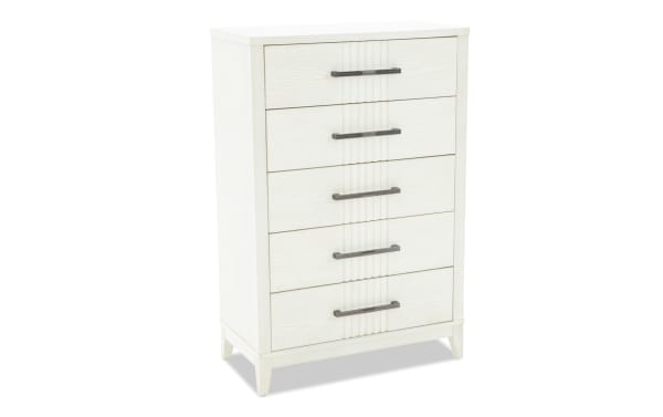 Laguna White 5 Drawer Chest in gray pine solids and veneers with polyester fabric, featuring dovetail joints and felt-lined top drawer, transitional style.