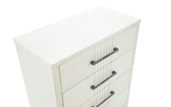 Laguna White 5 Drawer Chest in gray pine solids and veneers, transitional style with metal handles and decorative vertical grooves, part of Laguna Bedroom collection.