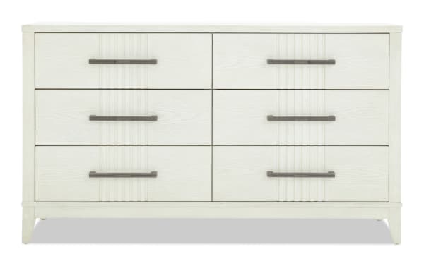 Laguna White 6 Drawer Dresser in gray pine solids and veneers with transitional style, featuring dovetail joints, felt-lined drawers, and dark handles.
