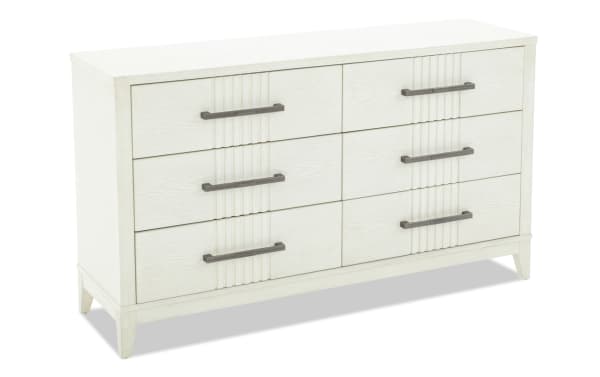 Laguna White 6 Drawer Dresser in gray pine solids and veneers with polyester fabric, transitional style, dovetail joints, and felt-lined top drawers.