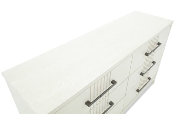 Laguna White 6 Drawer Dresser in gray pine solids and veneers with metal handles, felt-lined top drawers, and transitional style from Laguna Bedroom collection.