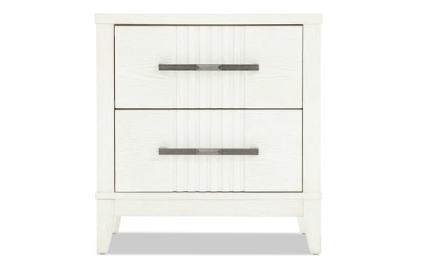 Laguna White 2 Drawer Nightstand in gray pine solids and veneers with transitional style, featuring metal handles and clean lines from Laguna Bedroom collection.