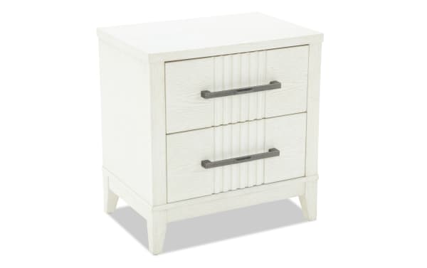 Laguna White 2 Drawer Nightstand in gray pine solids and veneers, transitional style with metal handles, dovetail joints, and felt-lined drawers.