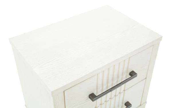 Laguna White 2 Drawer Nightstand in gray pine solids and veneers with metal handles, transitional style, part of Laguna Bedroom collection, featuring dovetail joints and USB ports.