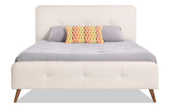 Bettie Twin Cream Faux Leather Upholstered Platform Bed with tufted cream vinyl headboard and footboard, mid-century modern style, tapered wood legs.