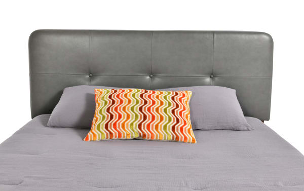 Charcoal gray Bettie Twin platform bed with mid-century modern tufted faux leather headboard, vinyl upholstery, and sleek minimalist design.