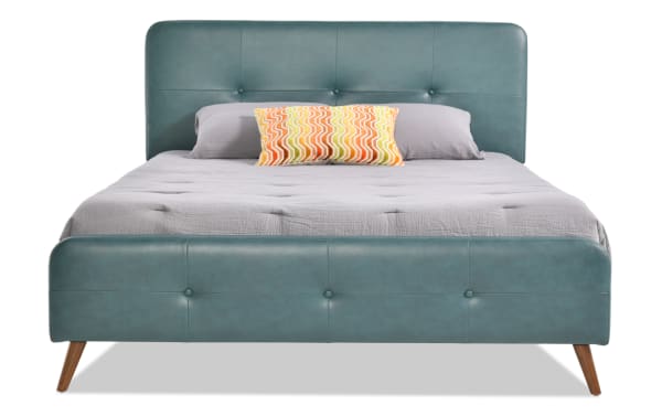 Mid-century modern Bettie Twin teal faux leather upholstered platform bed with tufted headboard, footboard, and tapered wooden legs.