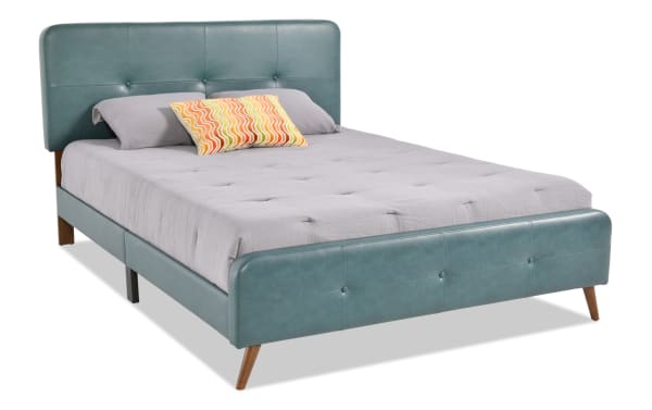 Bettie Twin Teal Faux Leather Upholstered Platform Bed with tufted teal vinyl headboard and footboard, tapered wood legs, mid-century modern style.