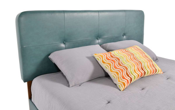 Teal Bettie Full Faux Leather Upholstered Platform Bed with mid-century modern tufted vinyl headboard and tapered wooden legs from Bettie Bedroom collection.