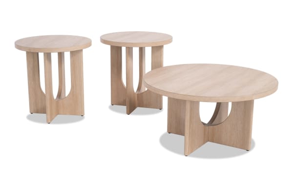 Cascade Light Brown Round Coffee & 2 End Table Set in contemporary style, featuring light brown MDF with unique curved leg design from Cascade Entertainment & Occasional collection.