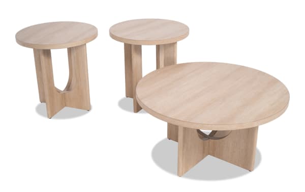 Cascade Light Brown Round Coffee & 2 End Table Set in contemporary style, made of light brown MDF with unique cross-leg design from Cascade Entertainment & Occasional collection.