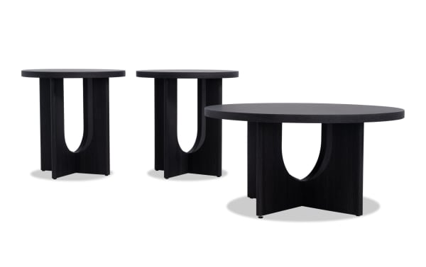 Cascade Black Round Coffee & 2 End Table Set in contemporary style, made of black MDF with unique U-shaped leg design from Cascade Entertainment & Occasional collection.