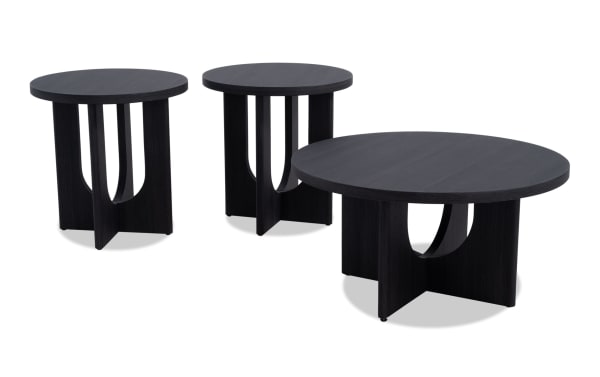 Cascade Black Round Coffee & 2 End Table Set from Cascade Entertainment & Occasional collection, featuring contemporary black MDF round tables with unique curved leg design for living room style and functionality.