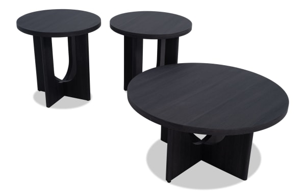 Cascade Black Round Coffee & 2 End Table Set in contemporary style, made of black MDF with round tops and unique curved leg design from Cascade Entertainment & Occasional collection.