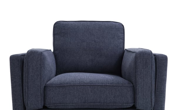 Tribeca Navy Chair in mid-century modern style with plush navy blue polyester fabric upholstery, memory foam cushioning, and wide padded arms.