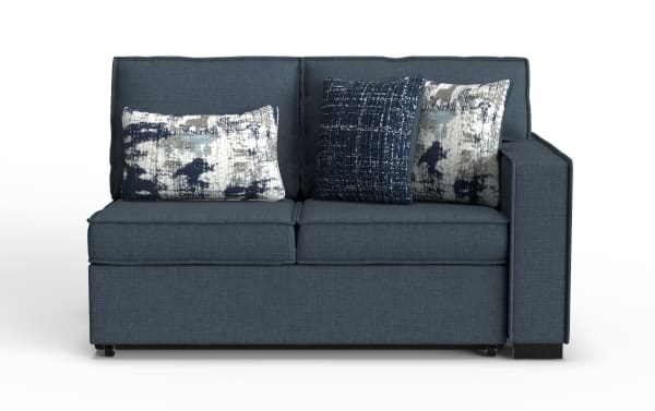 Modern navy blue fabric loveseat sofa with straight arms, two seat cushions, and three decorative throw pillows in patterned and textured designs.