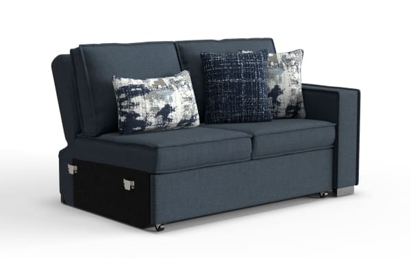 Compact dark blue fabric loveseat sofa with three patterned throw pillows, metal legs, and a modern, boxy design.