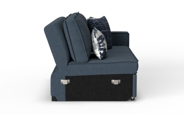 Modern blue fabric sofa with two patterned throw pillows, featuring cushioned backrests and a compact design suitable for small living spaces.