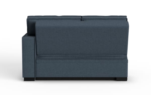 Dark blue fabric loveseat sofa with clean lines, square armrest, and black block feet, shown from the back.