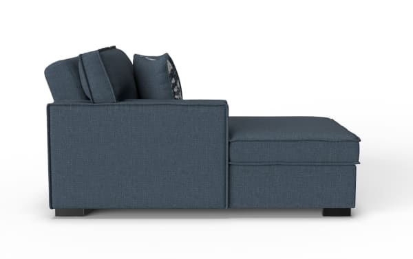 Modern navy blue fabric sectional sofa with chaise lounge, cushioned backrest, and dark wooden legs, ideal for living room seating.