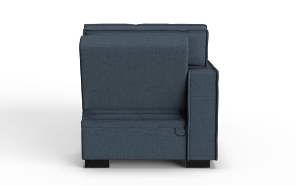 Dark blue fabric upholstered sectional sofa corner piece with cushioned backrest and armrest, featuring black block legs and a modern design.