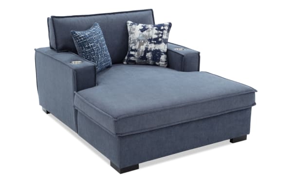 Playmax Denim Chaise Lounge in blue polyester fabric with Bob-O-Pedic memory foam seating, transitional style, cup holders, and accent pillows.