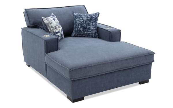 Playmax Denim Chaise Lounge in blue polyester fabric with Bob-O-Pedic Memory Foam seating, cup holders, and accent pillows.