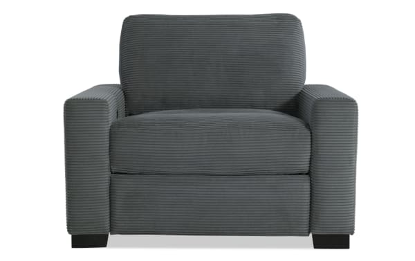 Charcoal gray Aspen Power transitional recliner upholstered in soft polyester fabric with plush cushioning and wide armrests, featuring power recline and USB/USB-C ports.