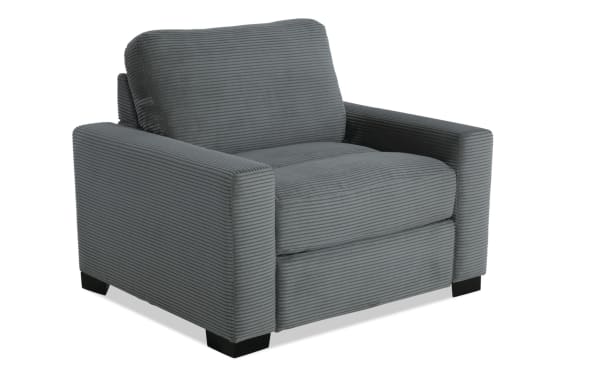 Aspen Charcoal Power Recliner in gray polyester fabric with plush cushioning, transitional style, and built-in USB & USB-C ports for convenient charging.