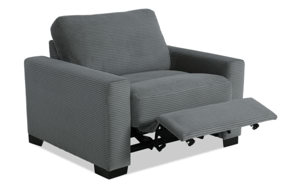 Aspen Charcoal Power Recliner in transitional style with plush gray polyester fabric, featuring power recline and built-in USB & USB-C ports for convenience.