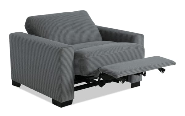 Charcoal gray Aspen Power transitional recliner with soft polyester fabric, plush cushioning, and extended footrest in power recline position.