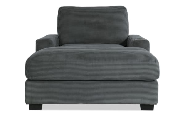 Aspen Charcoal Power Reclining Chaise in gray polyester fabric with plush cushioning, transitional style, and USB/USB-C ports for modern comfort.