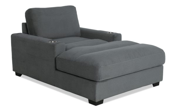 Charcoal gray Aspen Power transitional reclining chaise with plush polyester fabric, memory foam cushion, USB & USB-C ports, and cup holders.