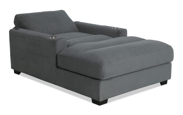 Aspen Charcoal Power Reclining Chaise in gray polyester fabric with plush cushioning, USB & USB-C ports, and transitional style upholstery.
