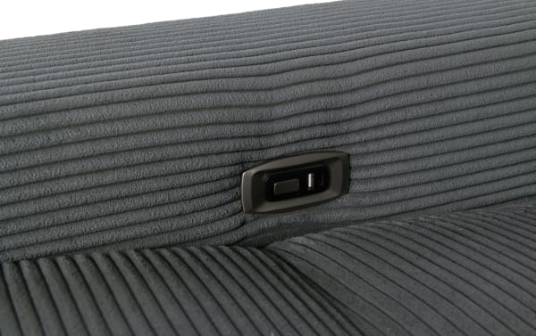 Charcoal gray Aspen Power transitional chaise with plush polyester fabric upholstery, featuring a built-in power recline control and USB/USB-C ports.