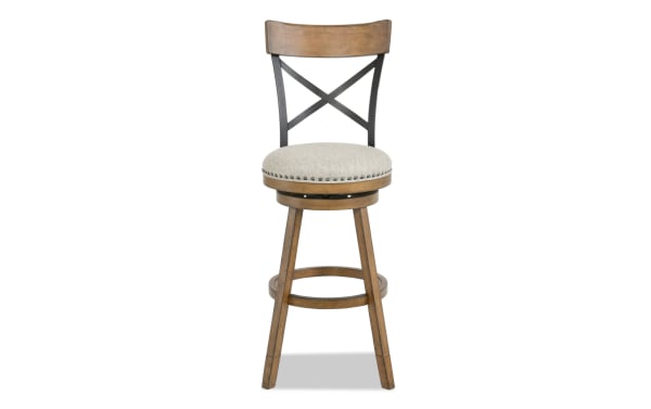 Iris Brown & Beige Cross Back Upholstered Adjustable Height Swivel Stool with nailhead trim, polyester fabric seat, rubberwood legs, and metal cross back in transitional style.