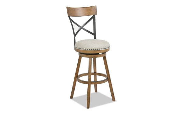 Iris Brown & Beige Cross Back Upholstered Adjustable Height Swivel Stool with beige polyester fabric, nailhead trim, wood and metal frame, transitional style.