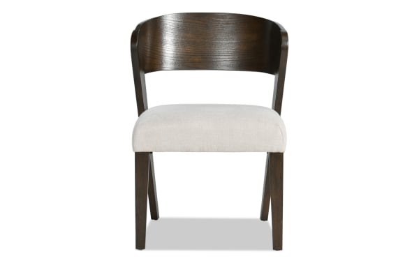 Contemporary Luxe Brown & White Panel Back Upholstered Dining Chair with rubberwood frame, oak veneer, and plush white polyester fabric seat.