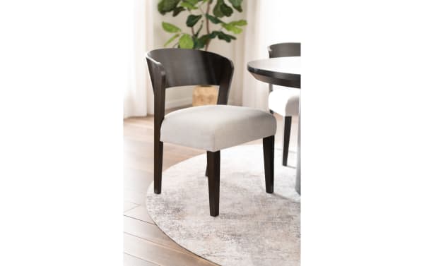 Contemporary Luxe Brown & White Panel Back Upholstered Dining Chair with rubberwood frame, white polyester fabric, and memory foam seat.
