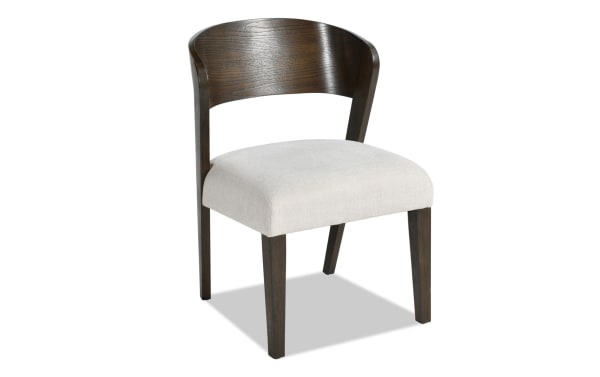 Luxe Brown & White Panel Back Upholstered Dining Chair with white polyester fabric seat, dark rubberwood frame, and contoured panel back in contemporary Luxe Dining style.