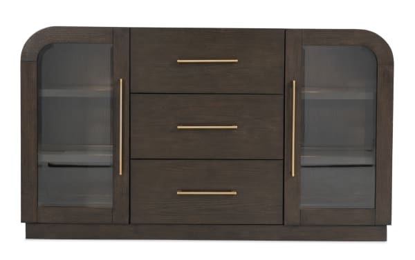 Luxe Brown & Beige Marble 3 Drawer Server from Luxe Dining collection, featuring contemporary style, rounded edges, marble insert, tempered glass doors, and rubberwood solid construction.