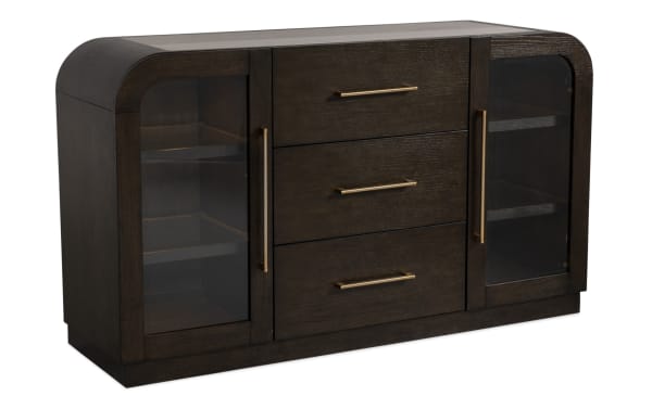 Luxe Dining contemporary 3 drawer server with brown rubberwood, beige marble top, tempered glass doors, rounded edges, and gold handles.
